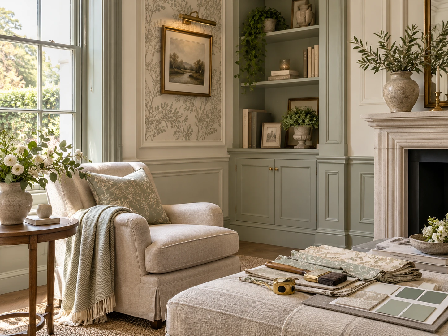 Elegant interior corner showing careful detailing, decorating materials and refined finishes
