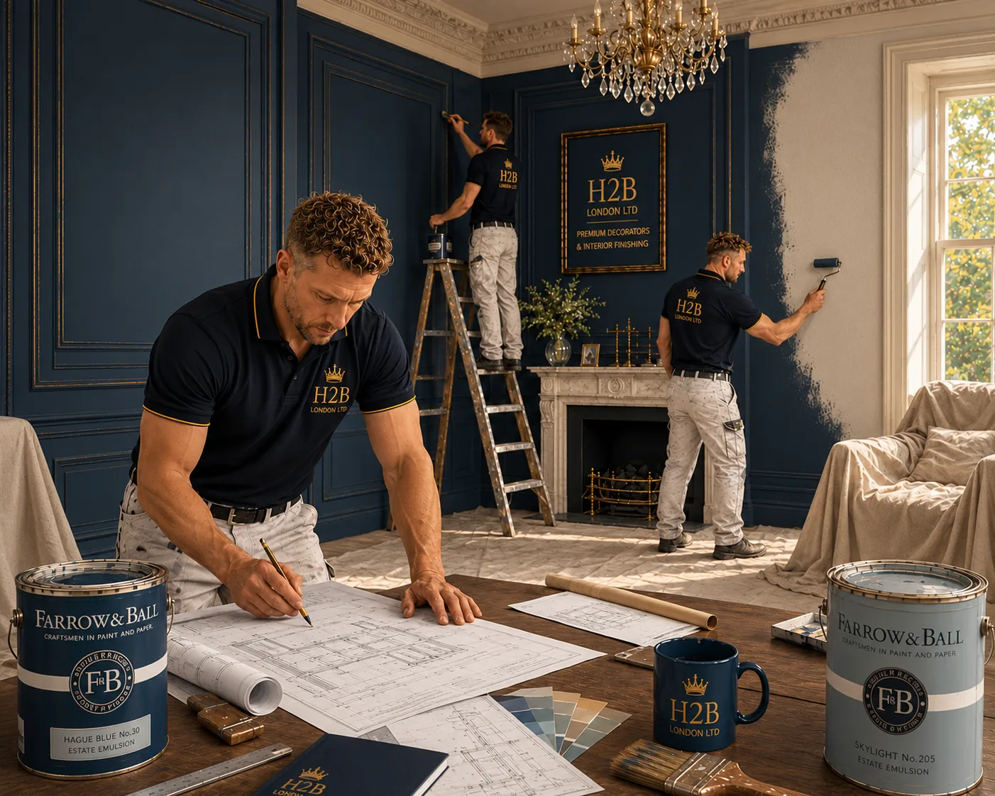 Illustration of H2B decorators in a classic London drawing room